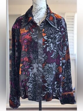 NABI Sheer Burnout Velvet Floral Button Down Top Whimsigoth Up Boho Women’s 1X